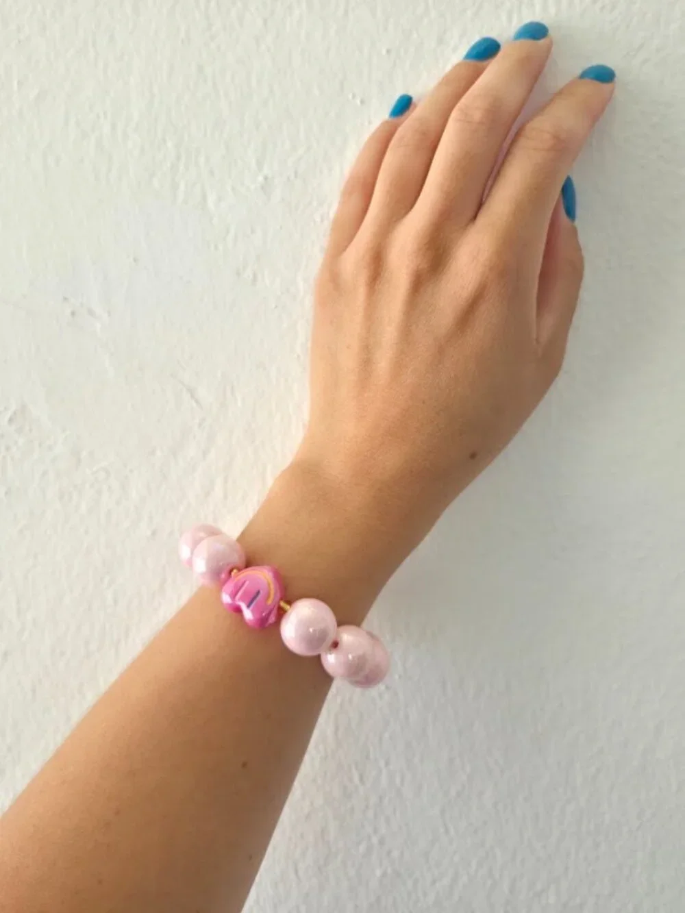 Pink Chunky Beaded Stretch Bracelet Smiley Heart Charm Y2K Jewelry